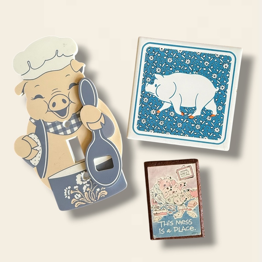 Vintage Pig Kitchen Decor Set Light Switch Cover Ceramic Trivet Magnet